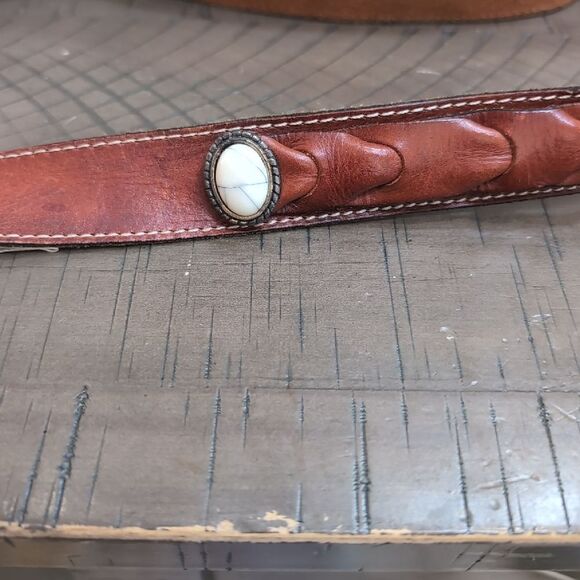 Vintage Leonardo Made In Italy Brown Woven Leather Belt  With Stone Detailing - Picture 4 of 12